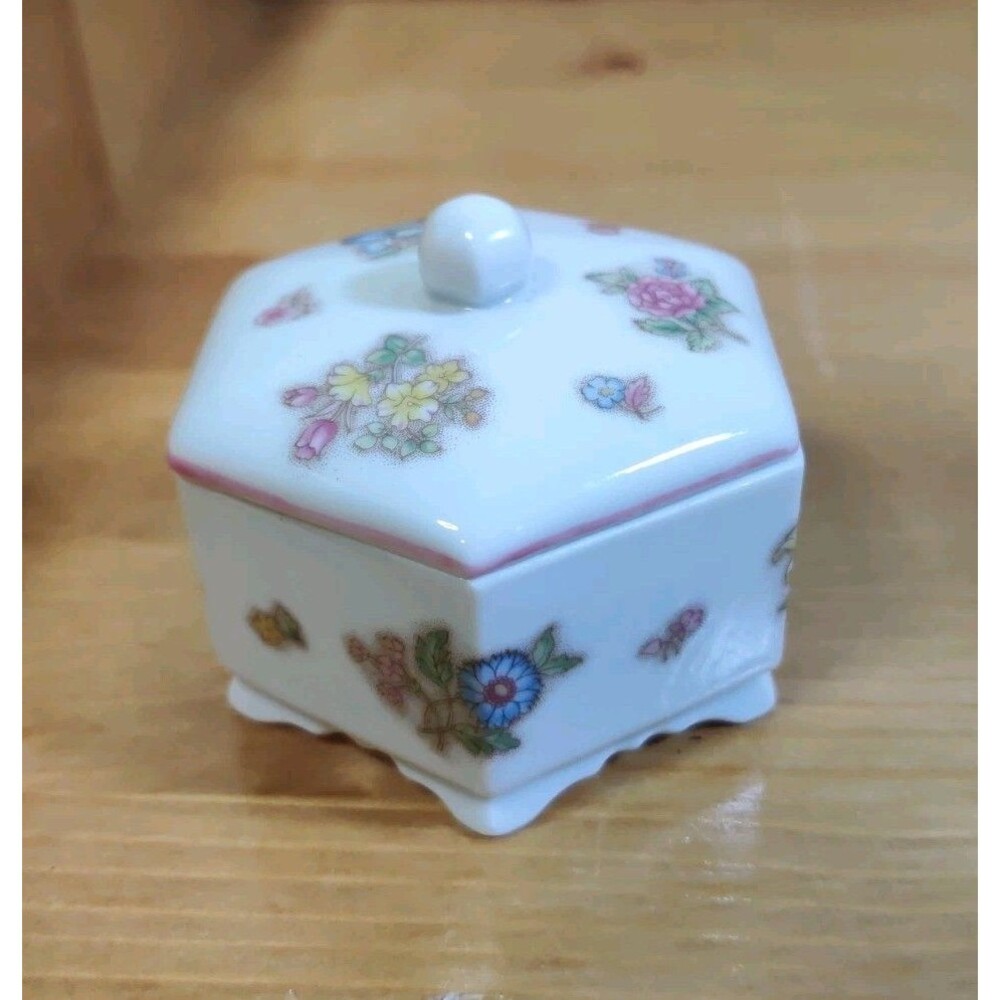 Vintage Porcelain Hexagon Floral Hand Painted Trinket Box Jewelry W Lid